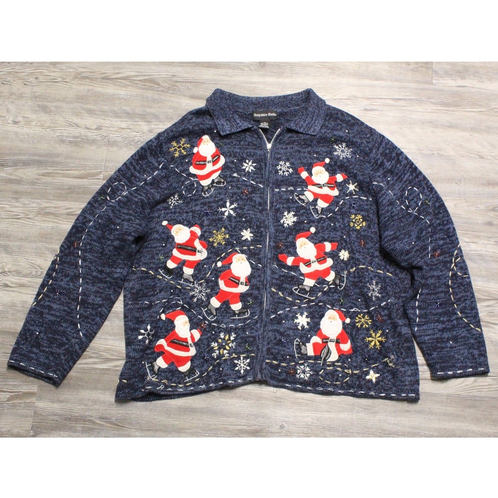 Hampshire Studio Womens 2X Christmas Sweater Holiday Santa Navy Blue Full Zip
